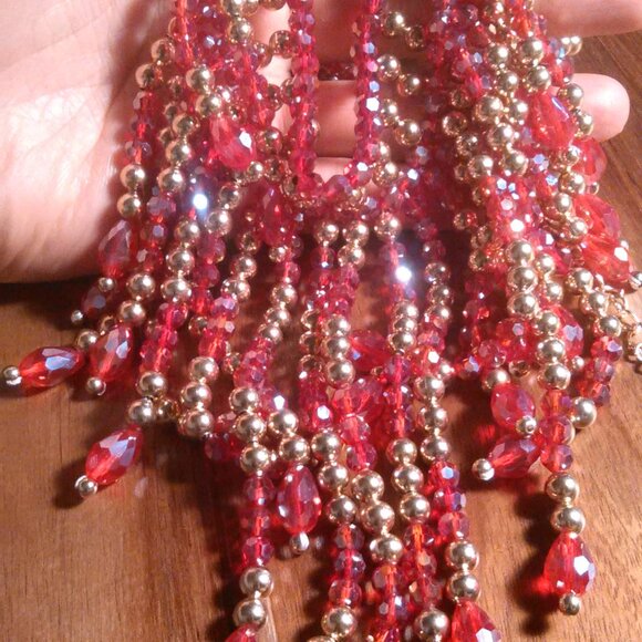 Red Glass and Beaded Waterfall Goldtone Necklace - Picture 13 of 16